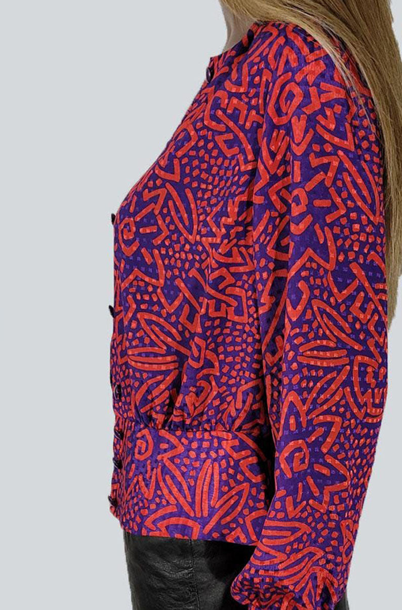 1990's Vintage Red & Purple Abstract Print Blouse - SMALL
