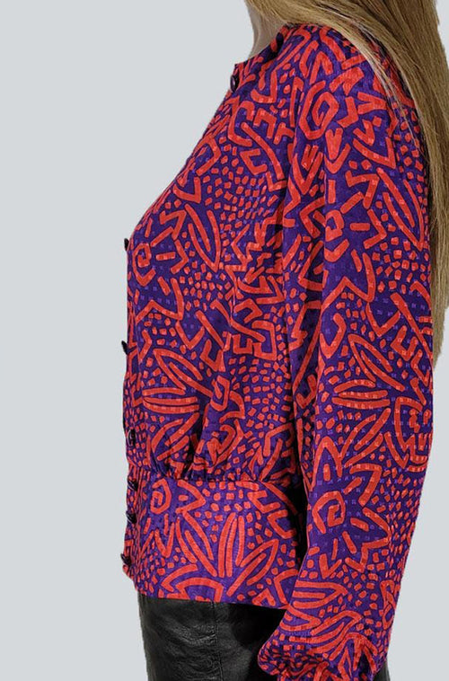 1990's Vintage Red & Purple Abstract Print Blouse - SMALL
