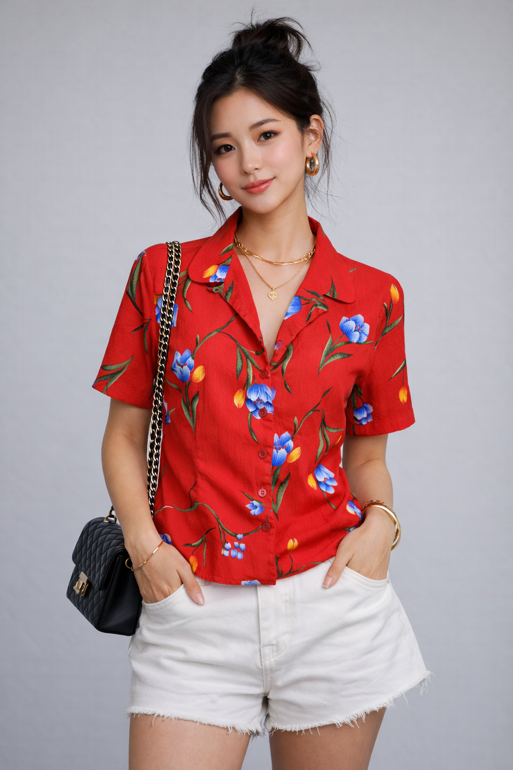 Vintage 90s Red Floral Blouse | SMALL