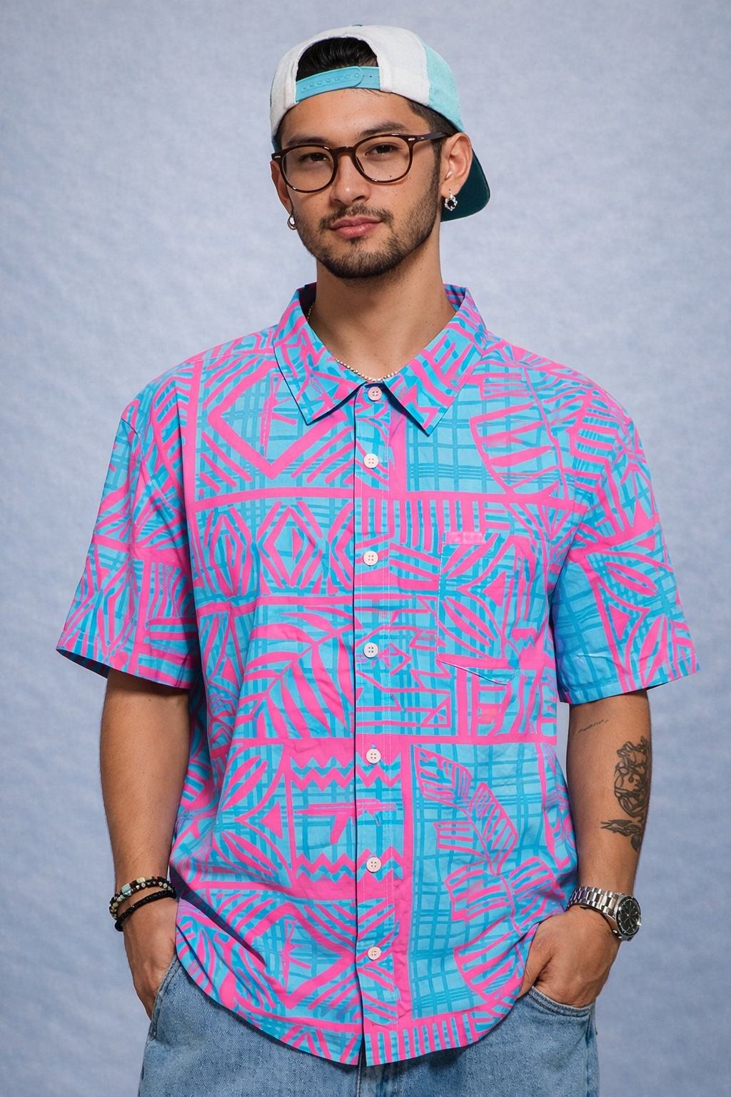90s Neon Geo Print Button-Up Shirt | X-LARGE
