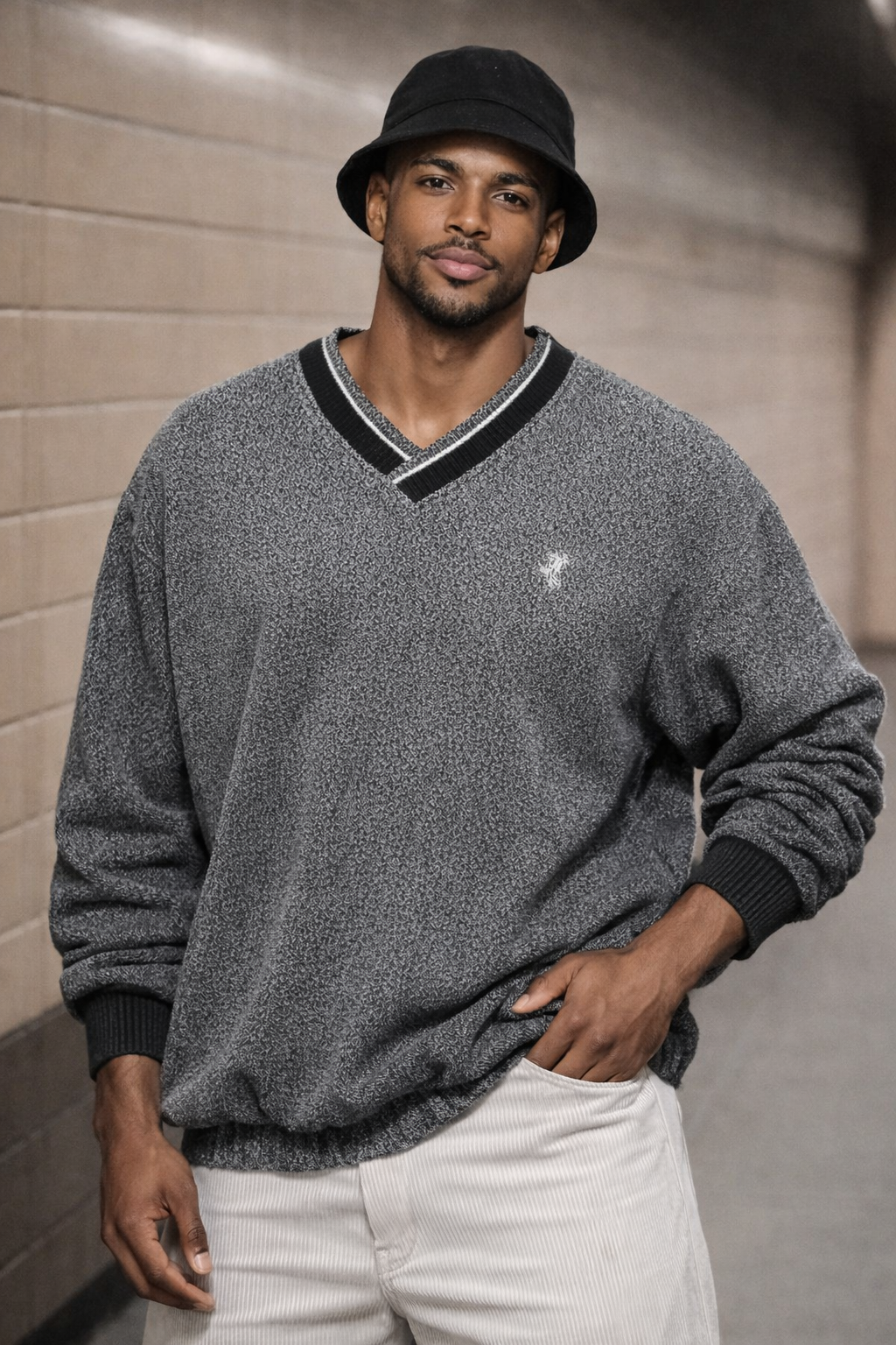 Vintage 90s Oversized Retro V-Neck Sweatshirt | Fits 1X-2X