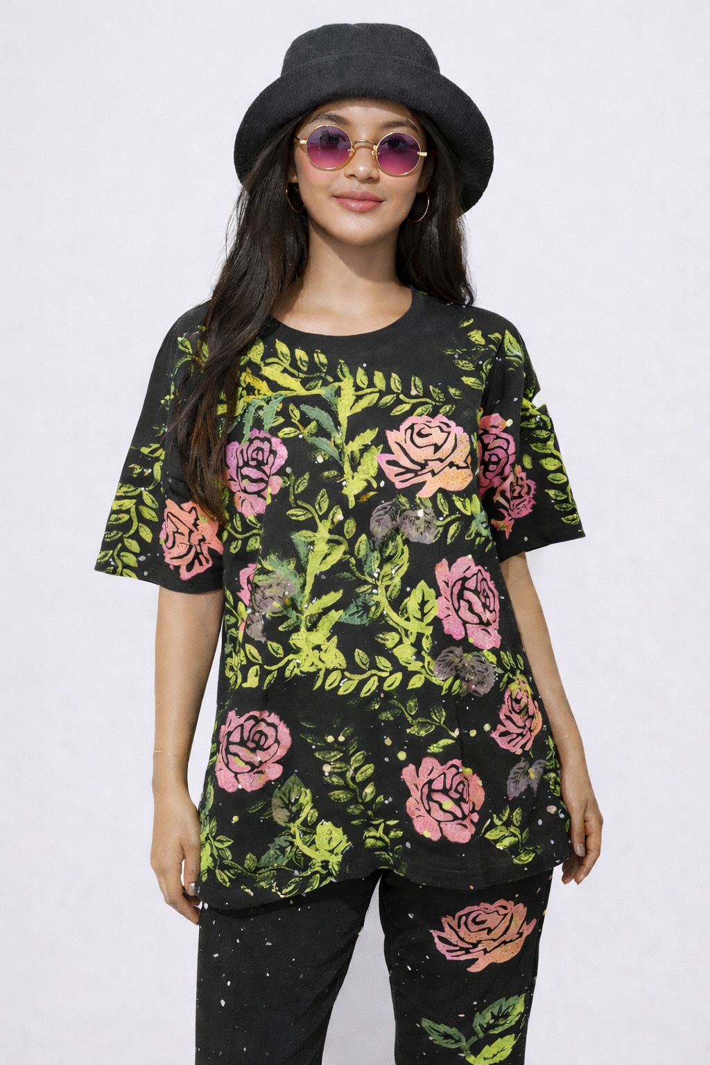 90s VINTAGE Two-Piece Pants Set with Hand Painted Flower Design - S/M