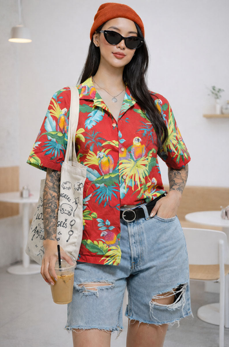 90s VINTAGE Red Tropical Flower Shirt | SMALL