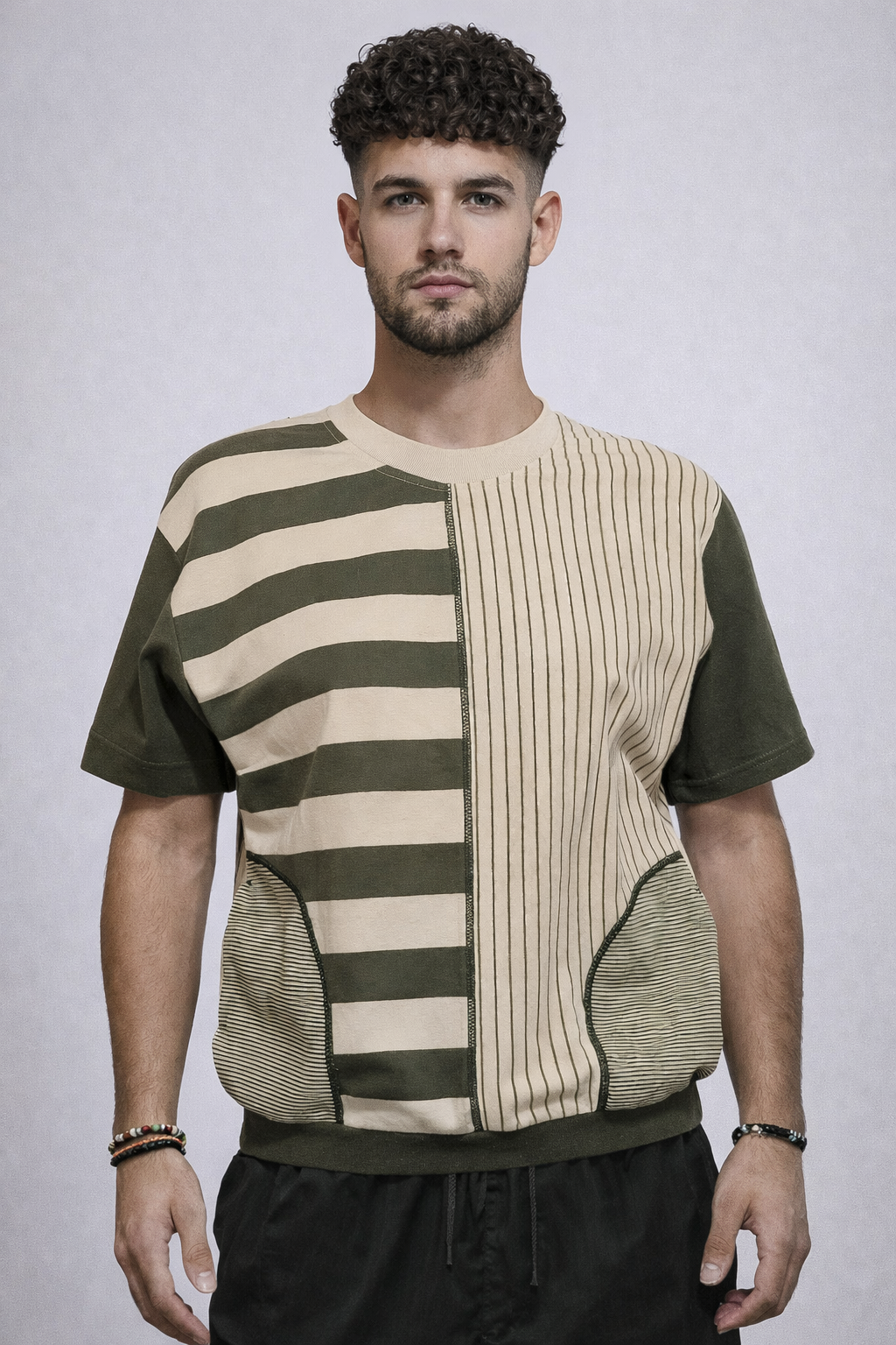 Olive & Cream Patchwork Stripe Tee | Fits XS/SMALL