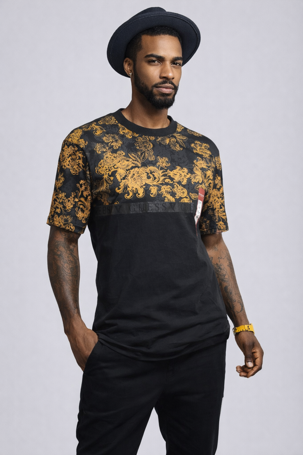 GUESS Gold Baroque Print T-Shirt - SMALL