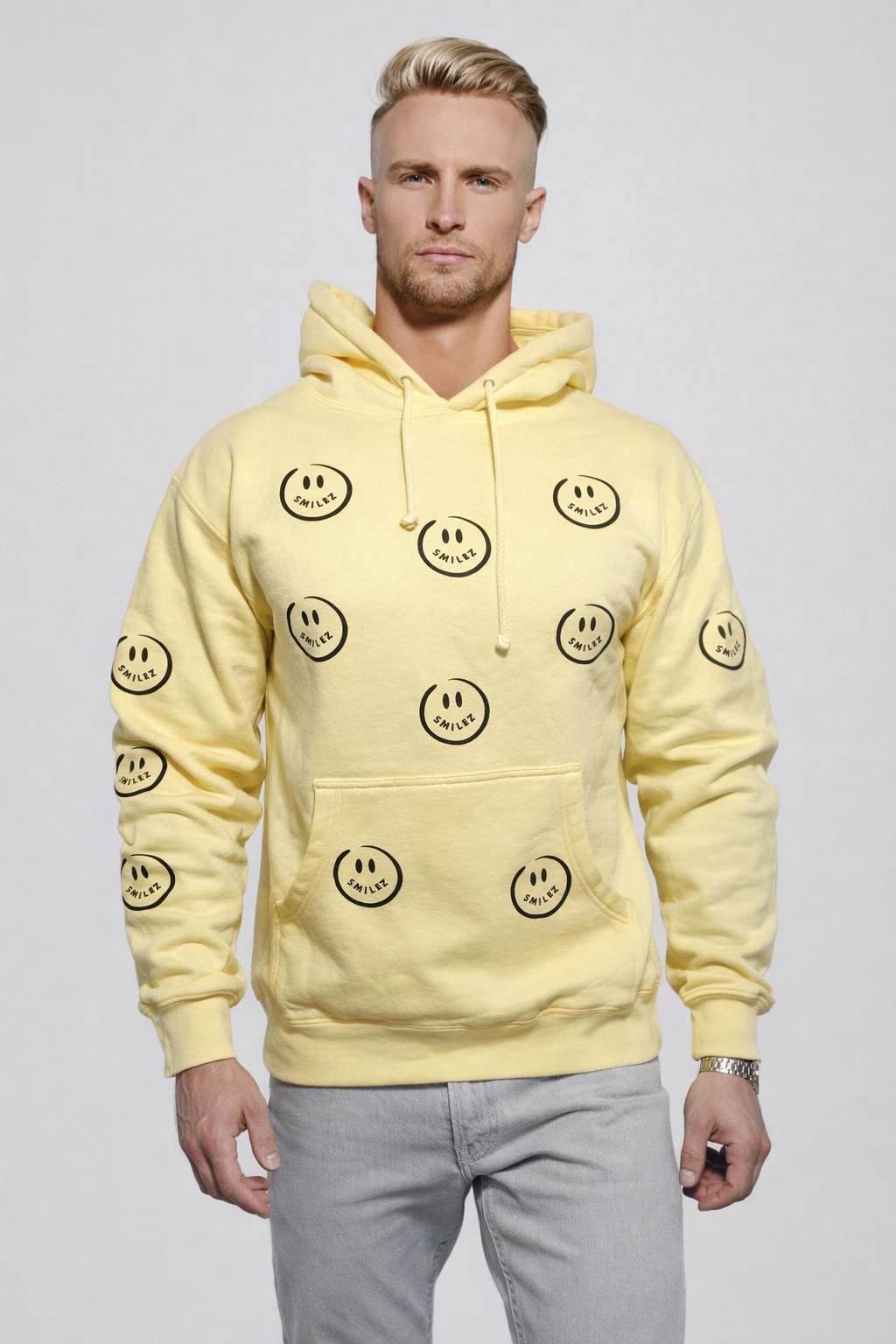 Men's Yellow Smiley Face Hoodie - SMALL