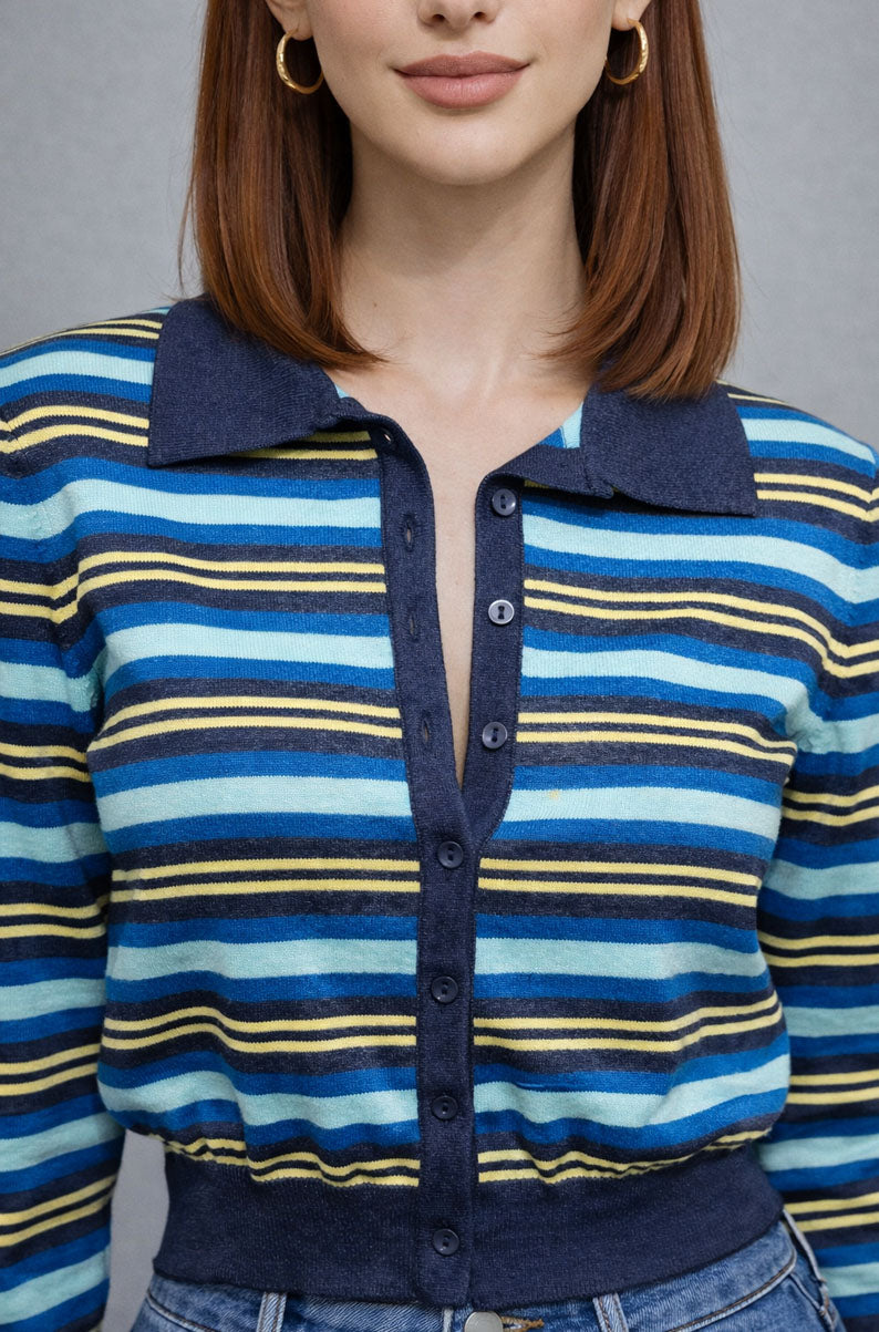 Vintage 90s Navy Blue Striped Cardigan | MEDIUM