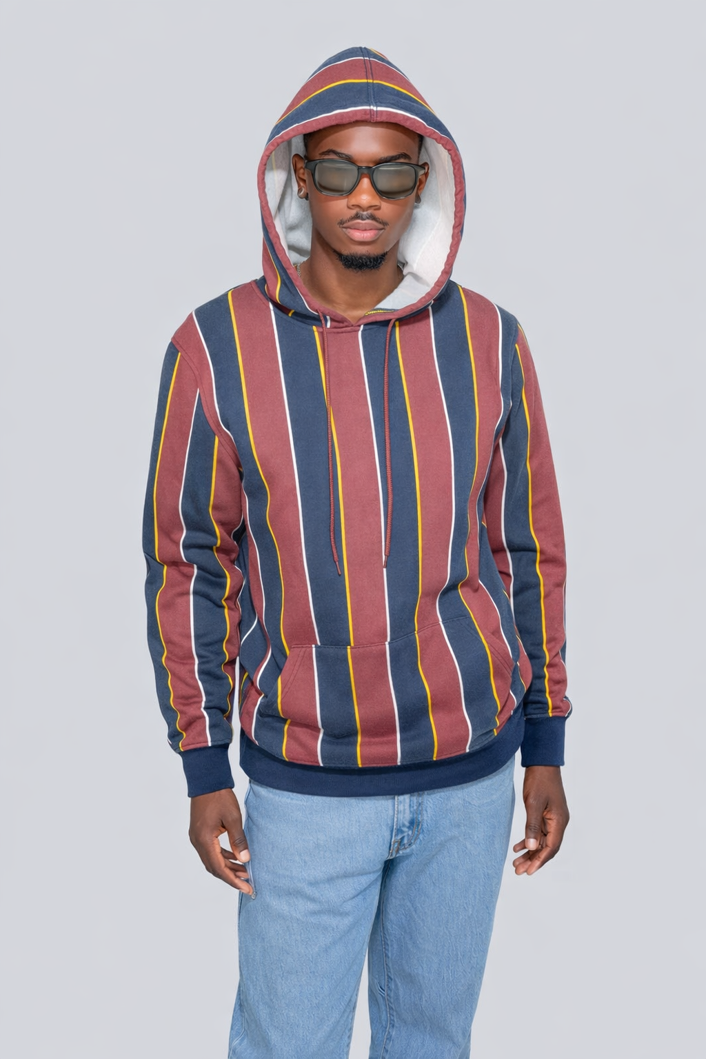 Navy Blue Maroon Red Stripe Hoodie | MEDIUM
