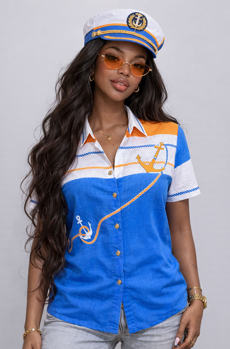 Vintage 90s Nautical Button Up Shirt | Fits XS-SMALL