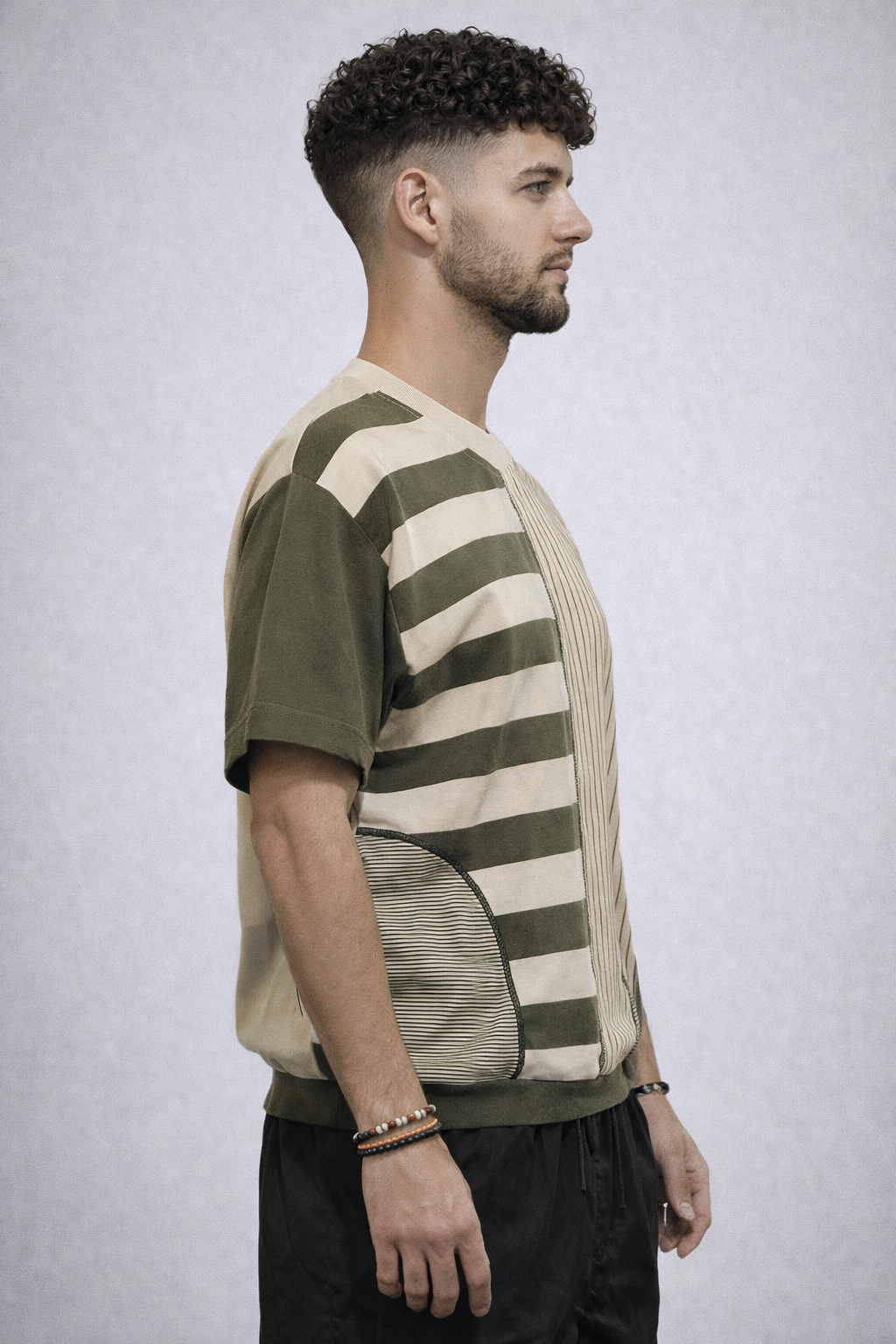 Olive & Cream Patchwork Stripe Tee | Fits XS/SMALL