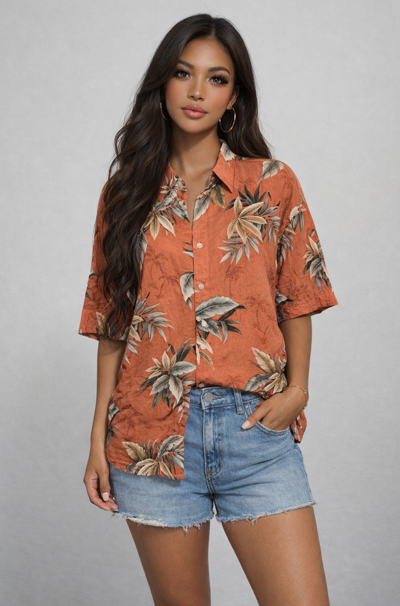 Tropical Print Earth Tone Hawaiian Shirt | LARGE