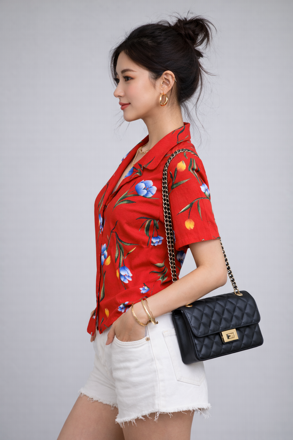 Vintage 90s Red Floral Blouse | SMALL