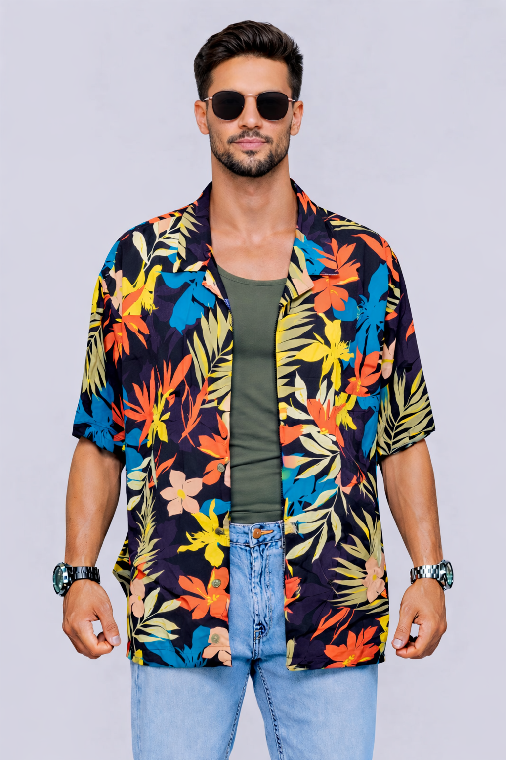 Tropical Print Colorful Button Down Shirt | Hawaiian Shirt | X-LARGE