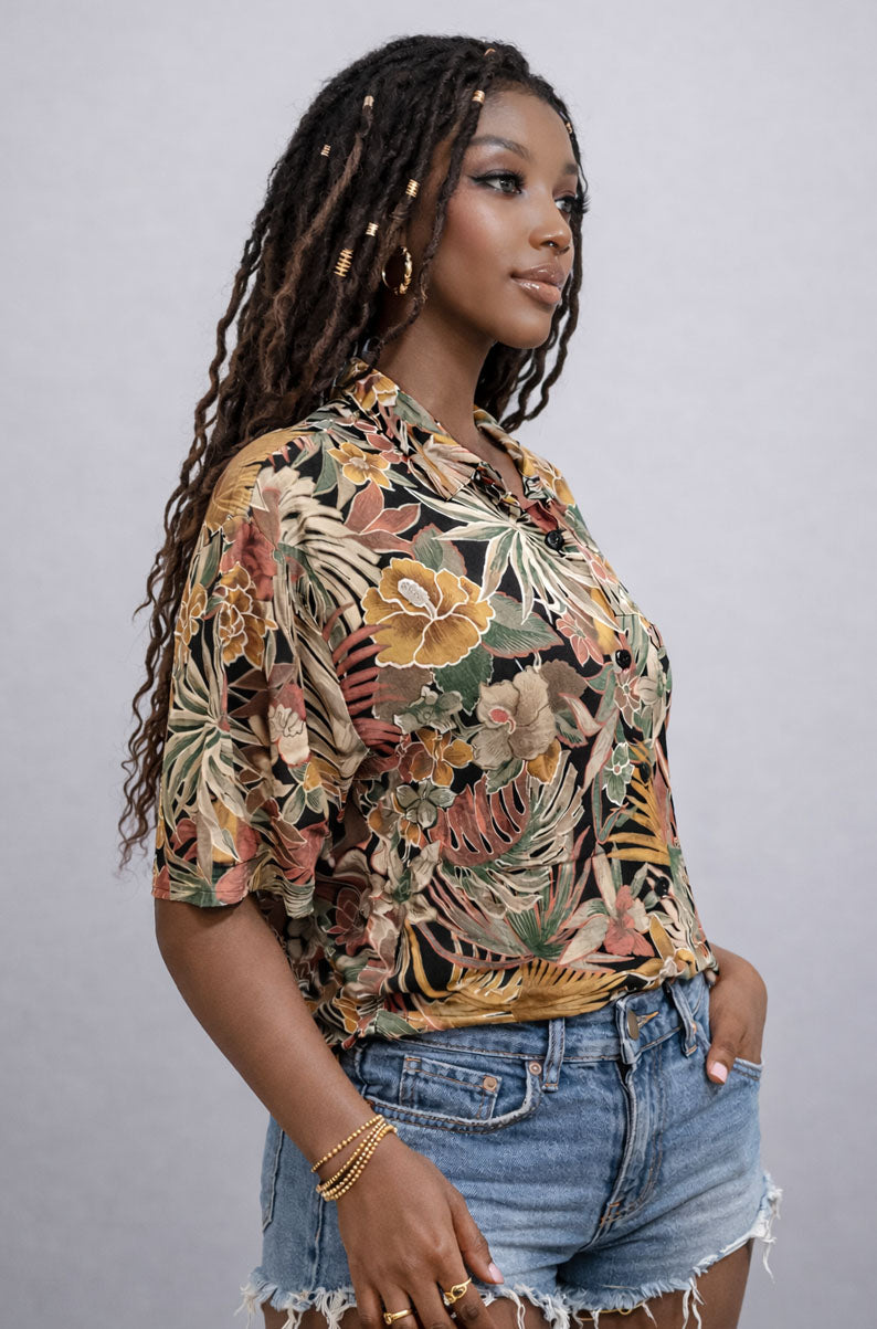 Vintage 90s Earth Tone Tropical Flower Shirt | SMALL