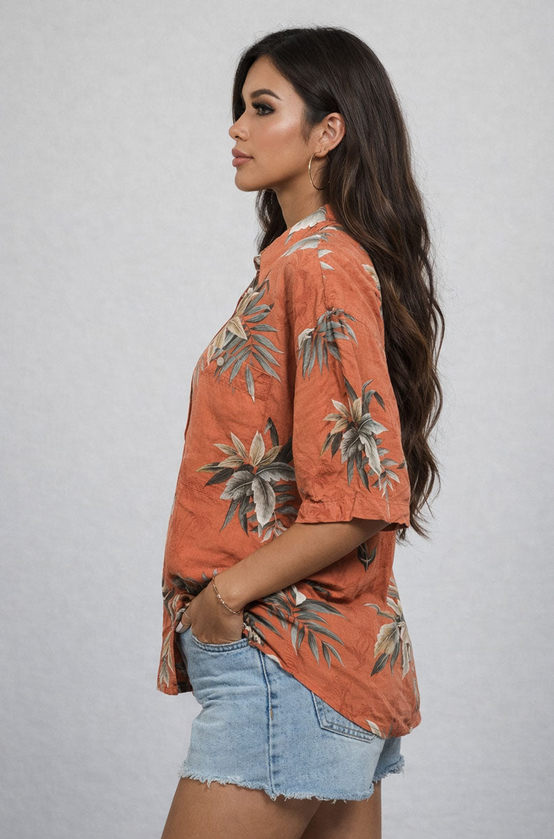 Tropical Print Earth Tone Hawaiian Shirt | LARGE