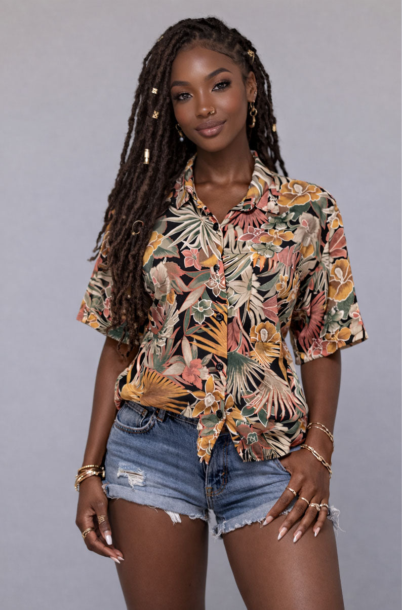 Vintage 90s Earth Tone Tropical Flower Shirt | SMALL