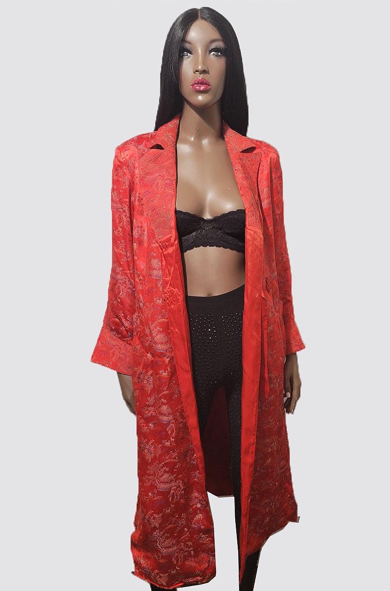 Vintage Red Japanese Inspired Brocade Kimono Coat – M