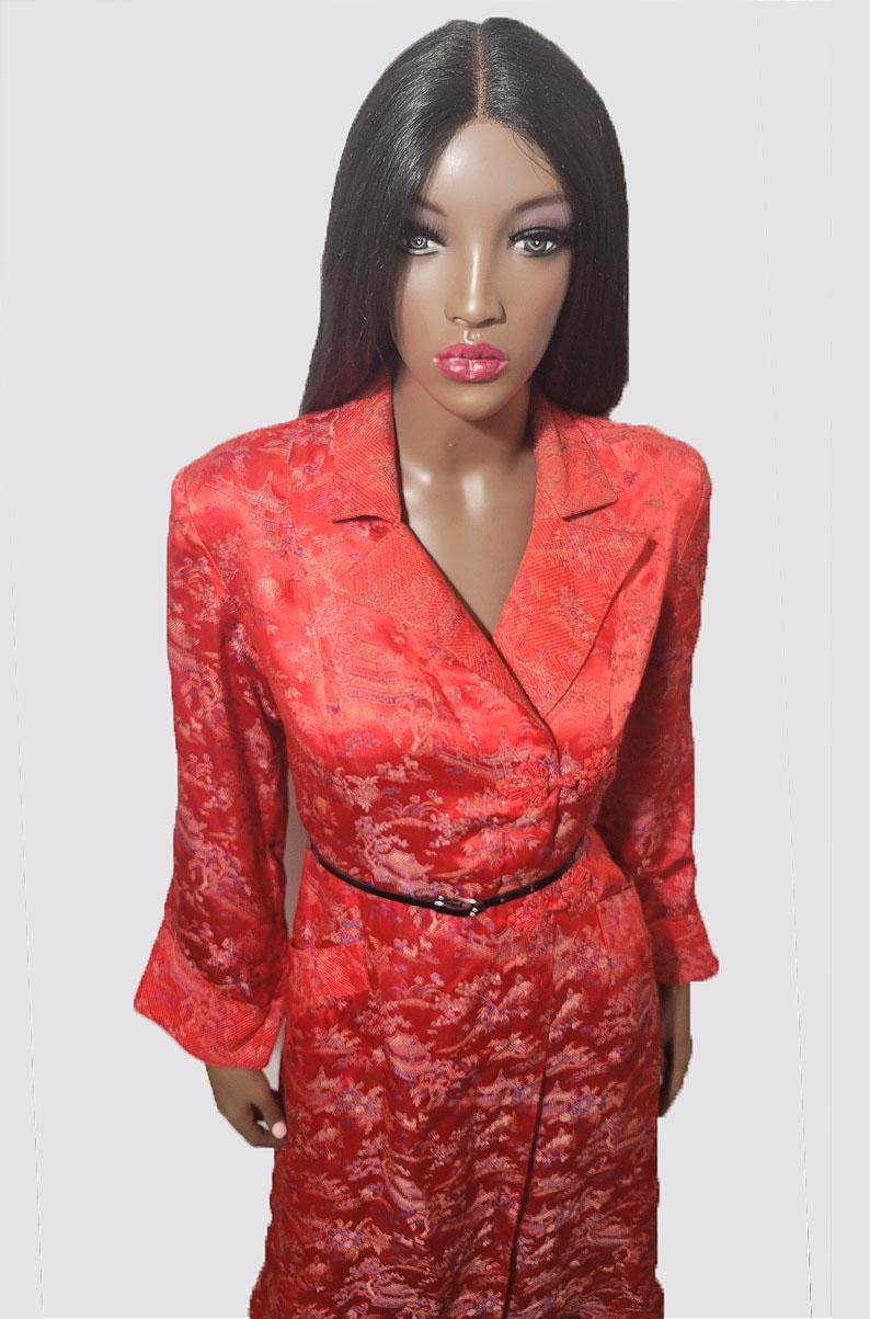 Vintage Red Japanese Inspired Brocade Kimono Coat – M