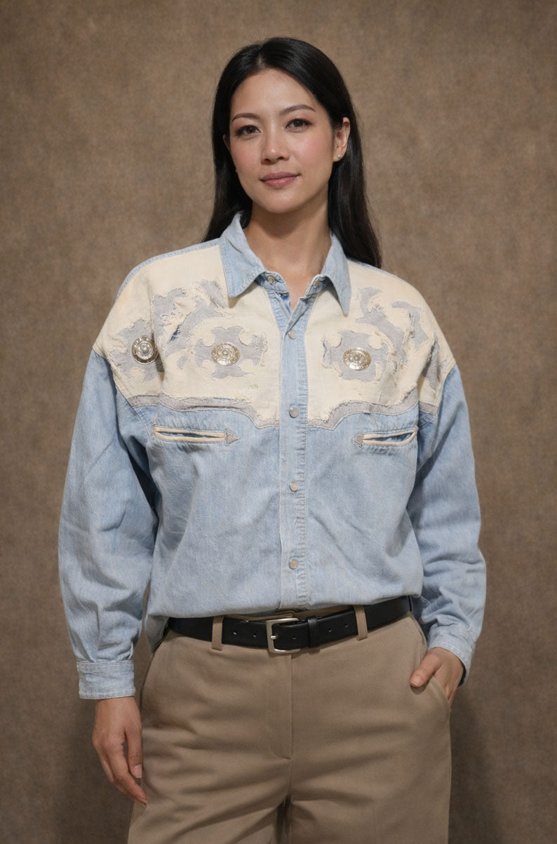 Vintage Blue Denim Western Shirt | LARGE