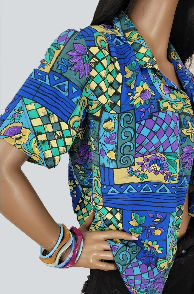 Vintage 90s Blue Art Deco Button-Up Blouse | SMALL