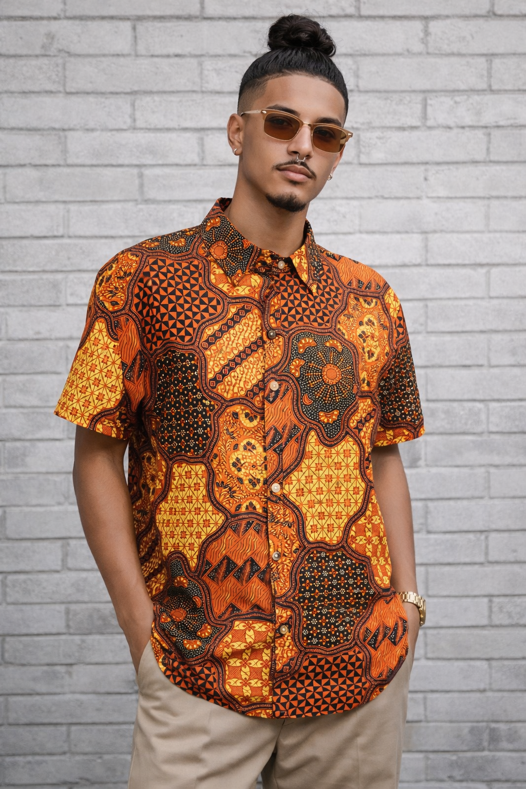 Orange Patchwork Print Button-Up Shirt | LARGE