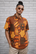 Orange Patchwork Print Button-Up Shirt | LARGE
