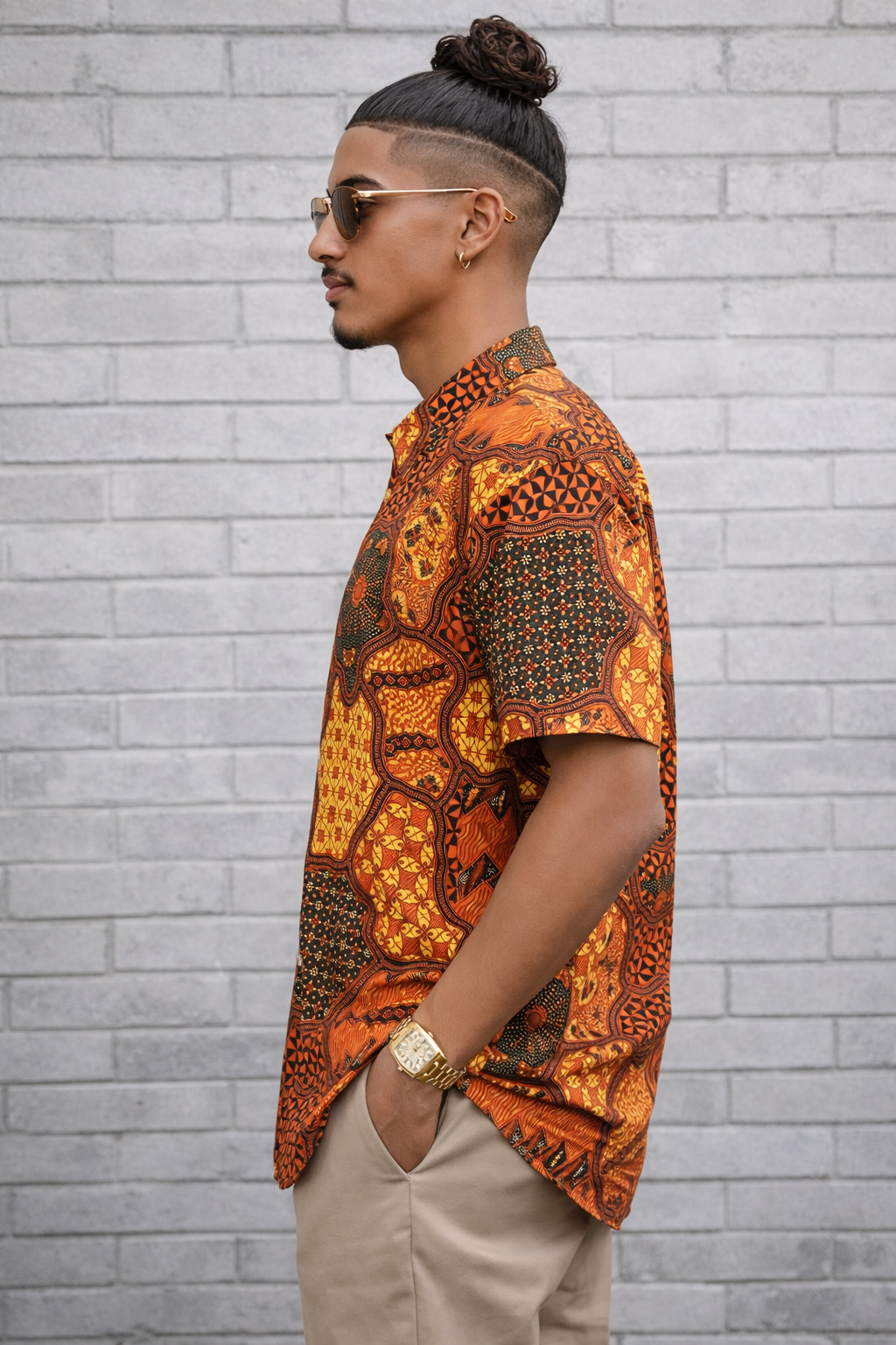 Orange Patchwork Print Button-Up Shirt | LARGE