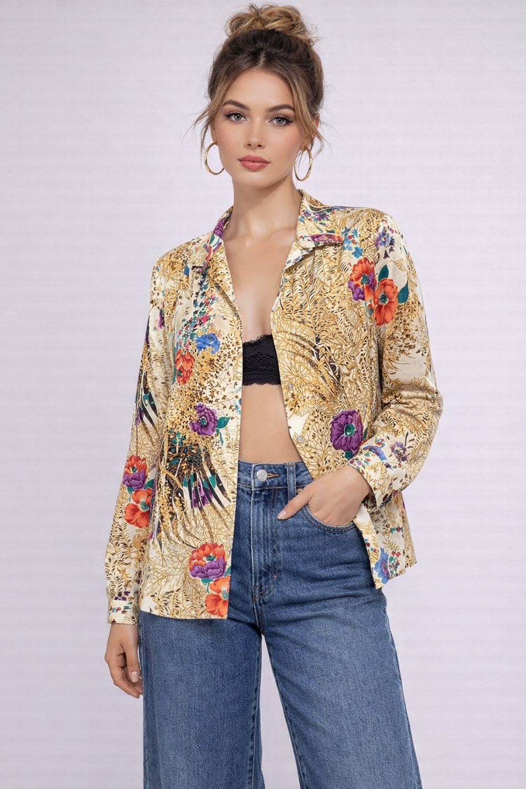 Vintage 90s Floral Peacock Print Blouse | LARGE