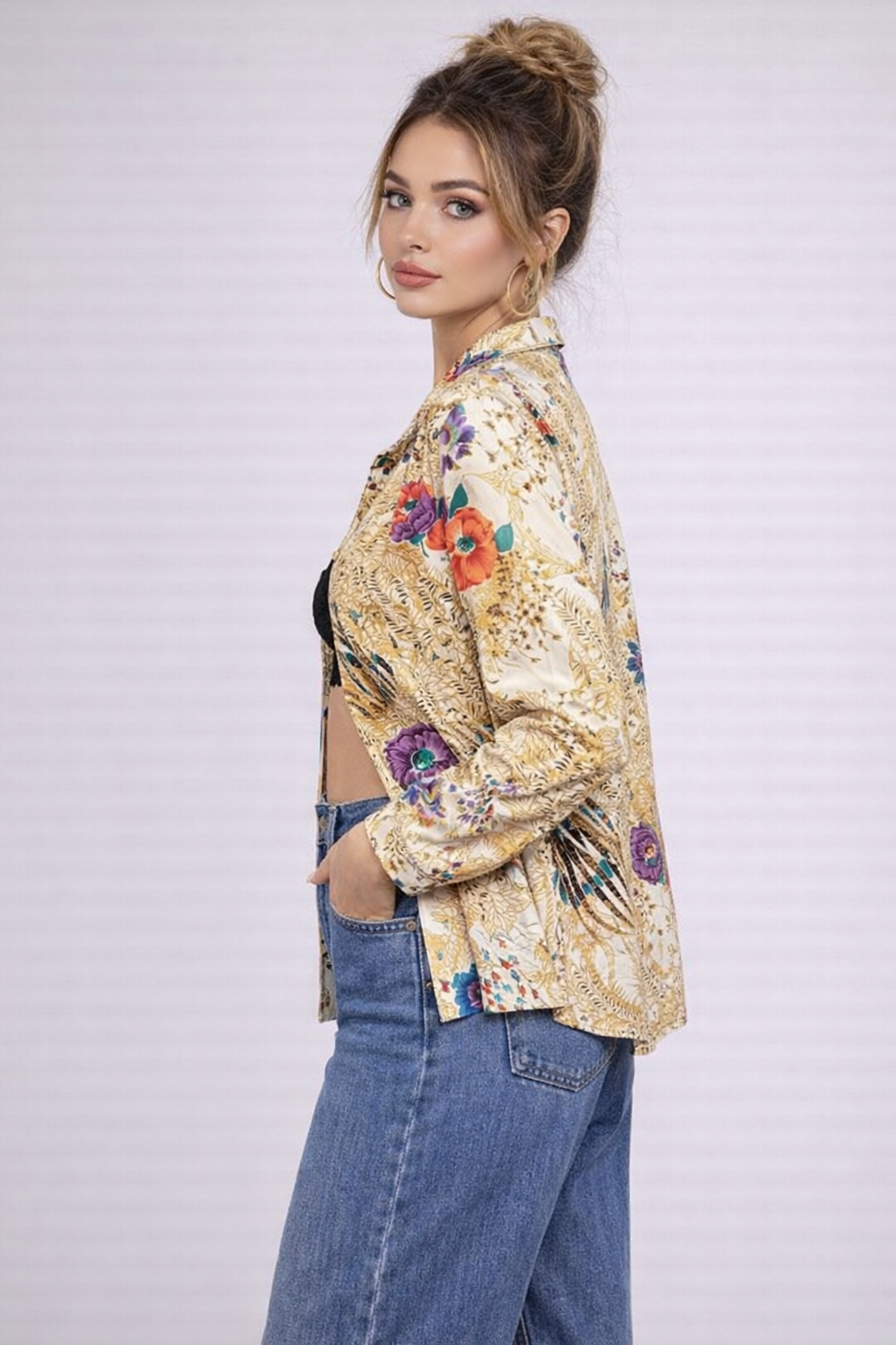 Vintage 90s Floral Peacock Print Blouse | LARGE