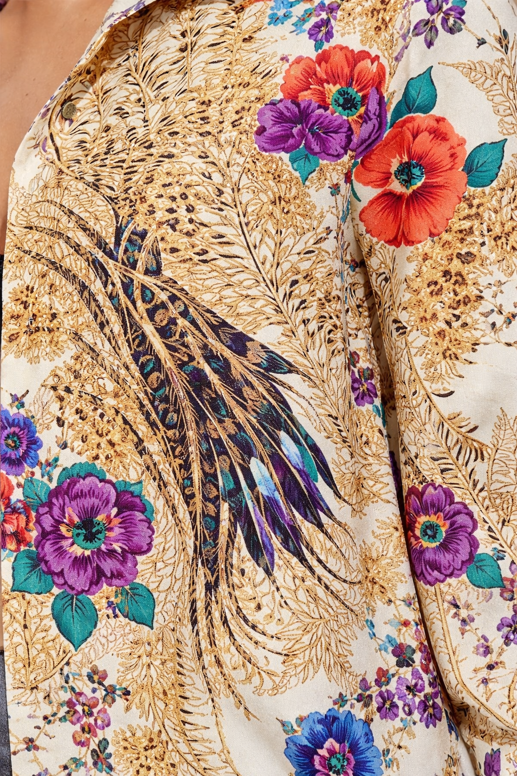 Vintage 90s Floral Peacock Print Blouse | LARGE