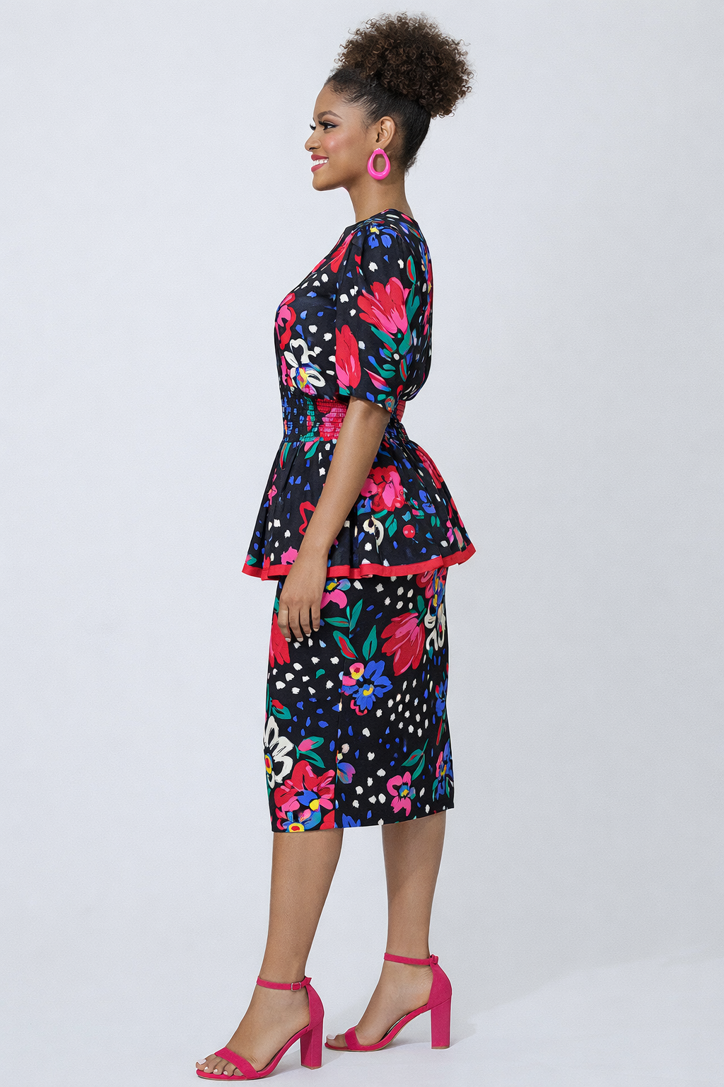 90s Vintage Floral Peplum Dress | Ruffle Waist | SMALL