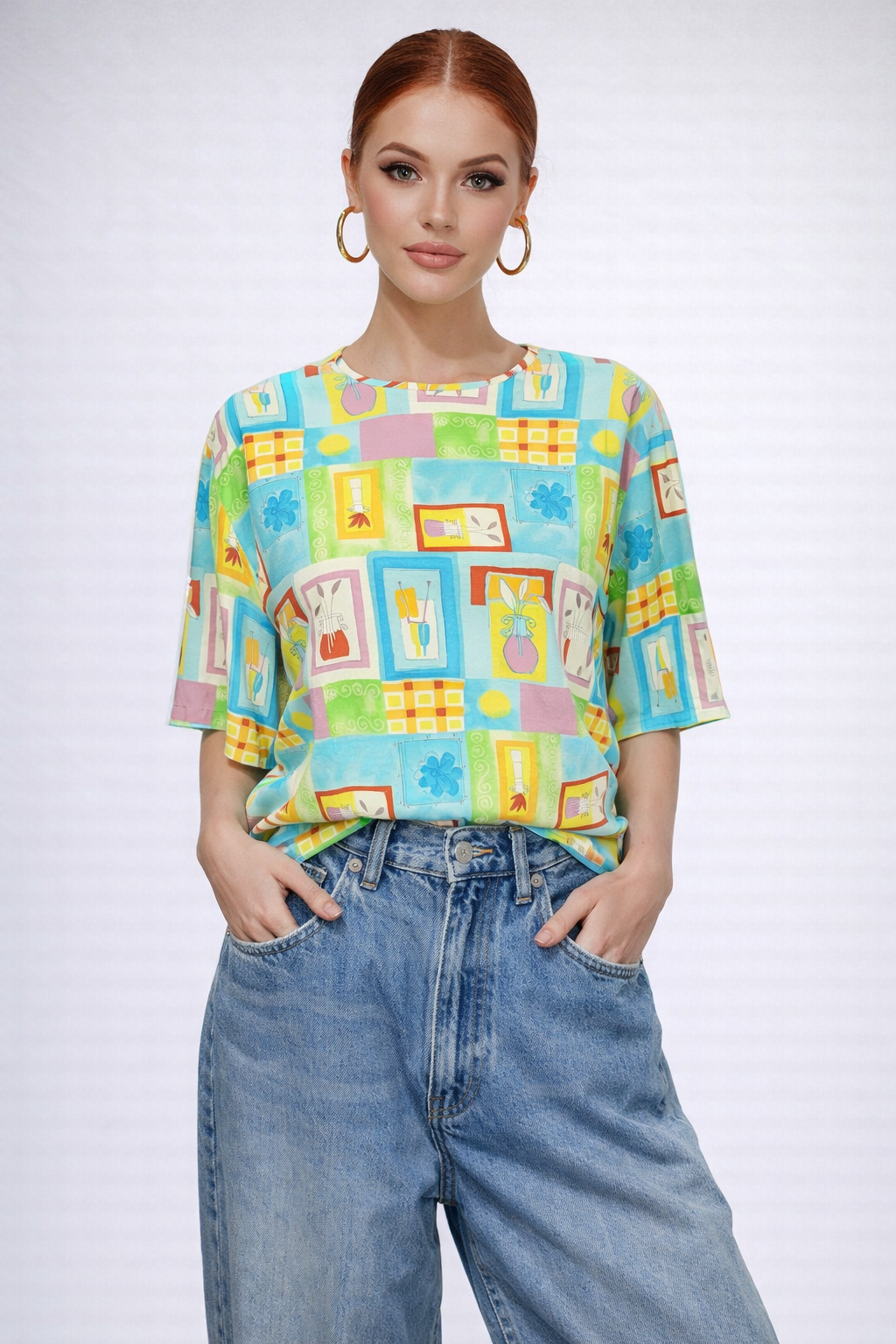 90s Vintage Colorful Art Deco Silk Blouse | Plus Size 1X