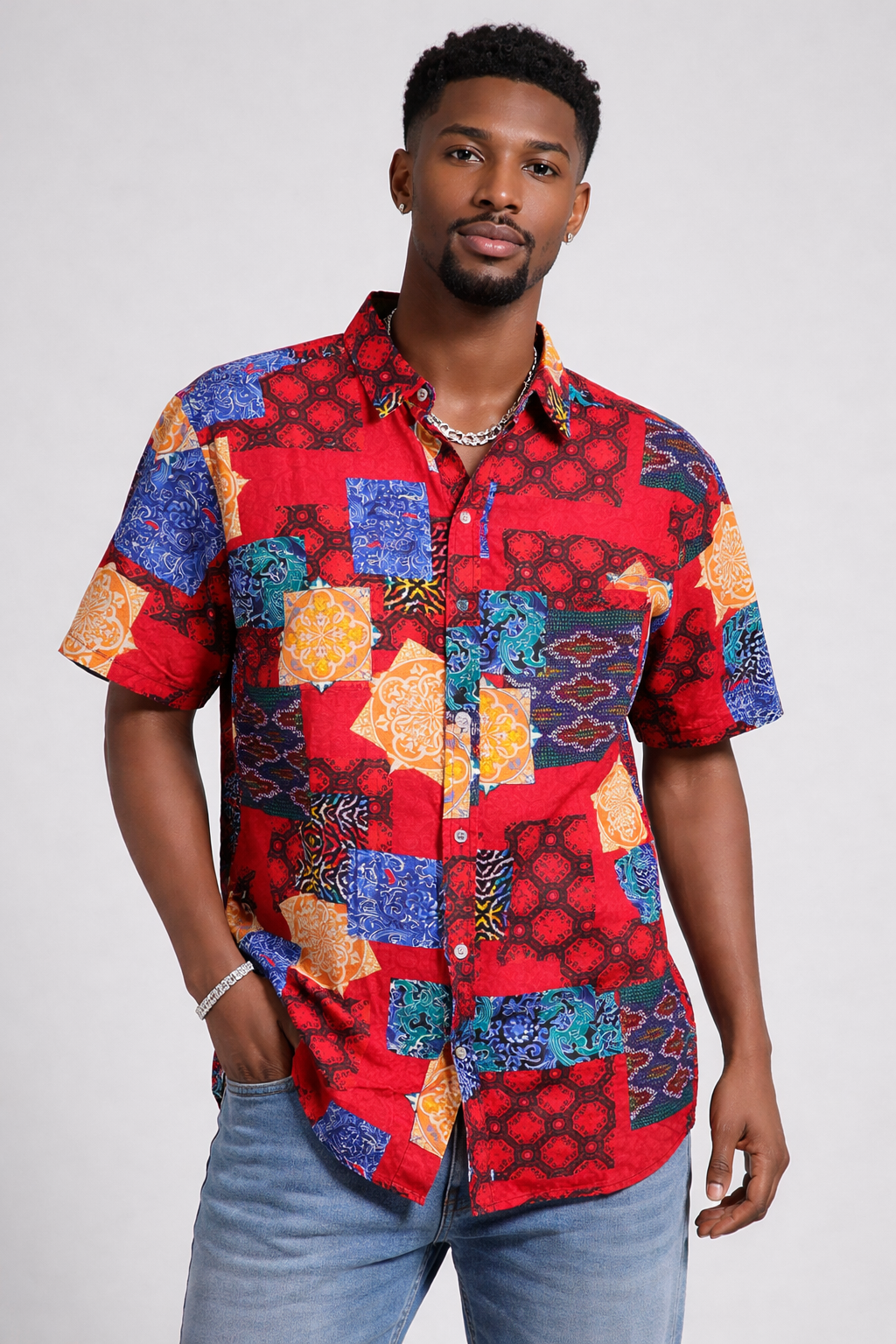 Men’s Red Patchwork Print Button-Up Shirt | LARGE