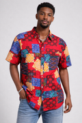 Men’s Red Patchwork Print Button-Up Shirt | LARGE