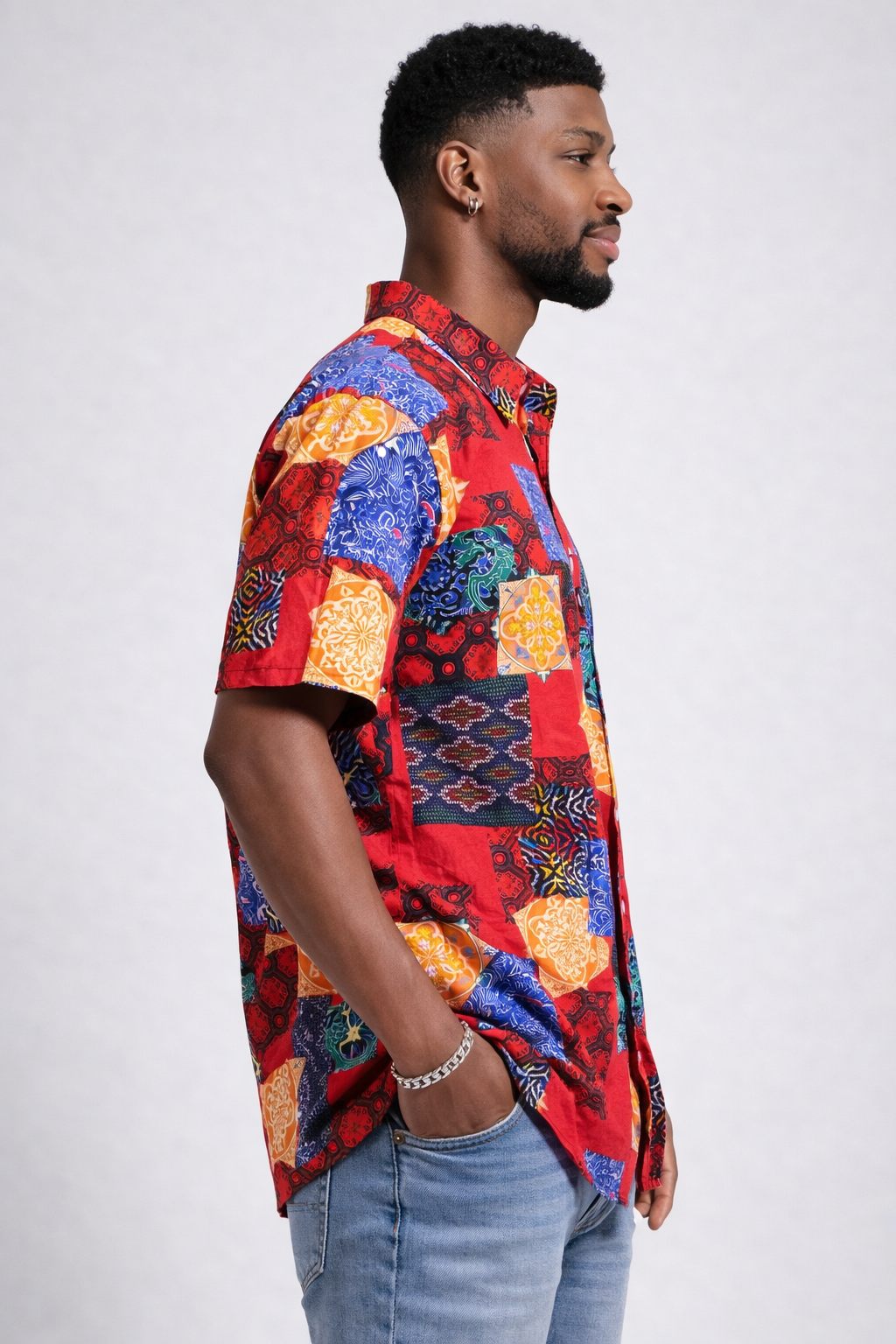 Men’s Red Patchwork Print Button-Up Shirt | LARGE