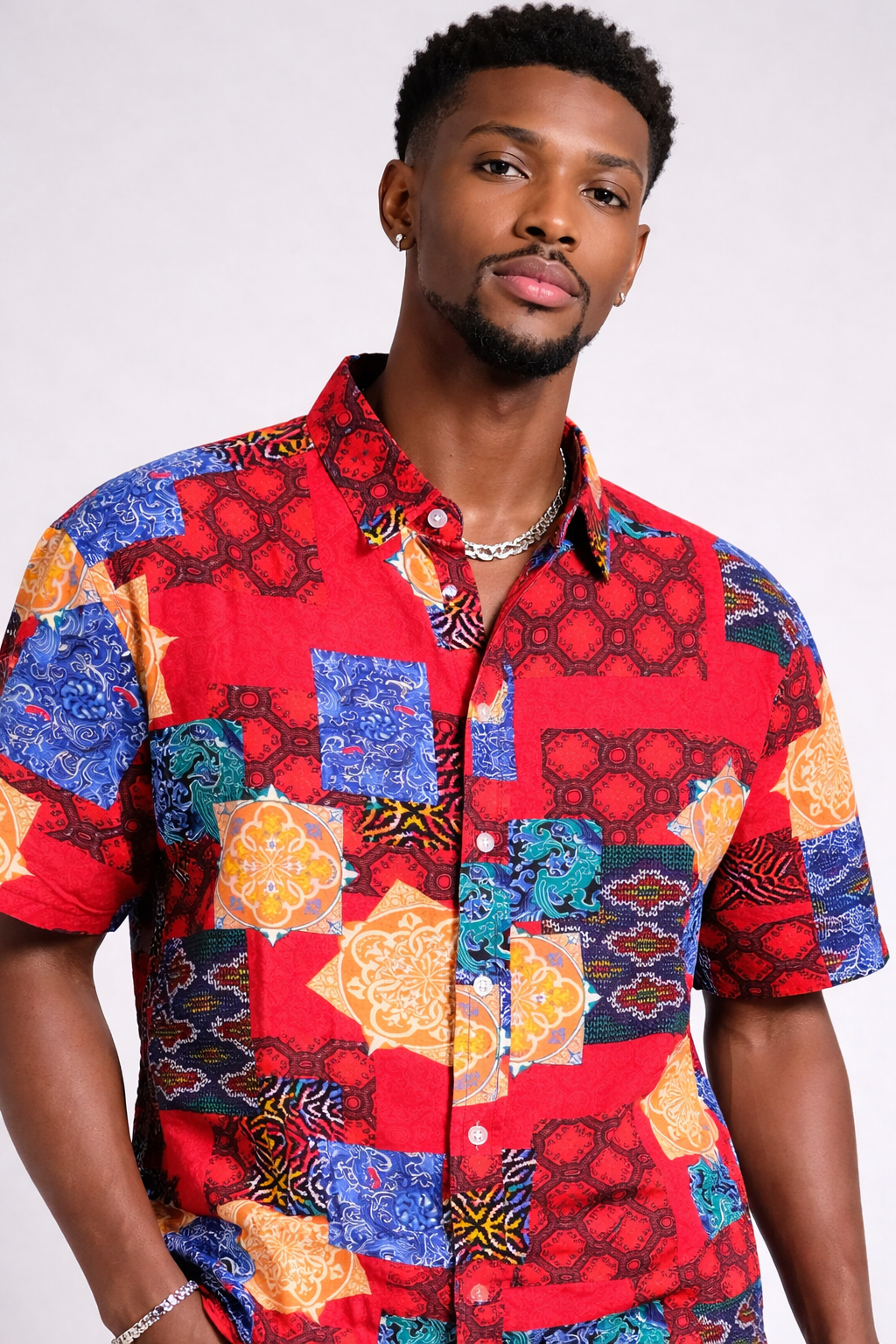 Men’s Red Patchwork Print Button-Up Shirt | LARGE