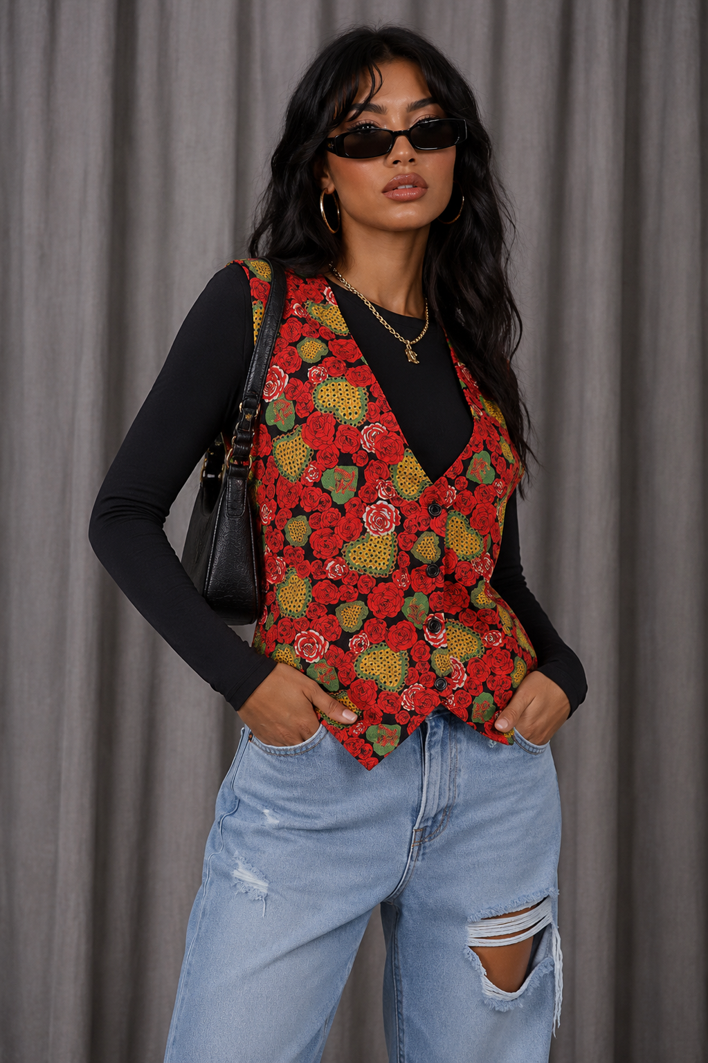 Vintage 90s Rose Print Vest - 2XL