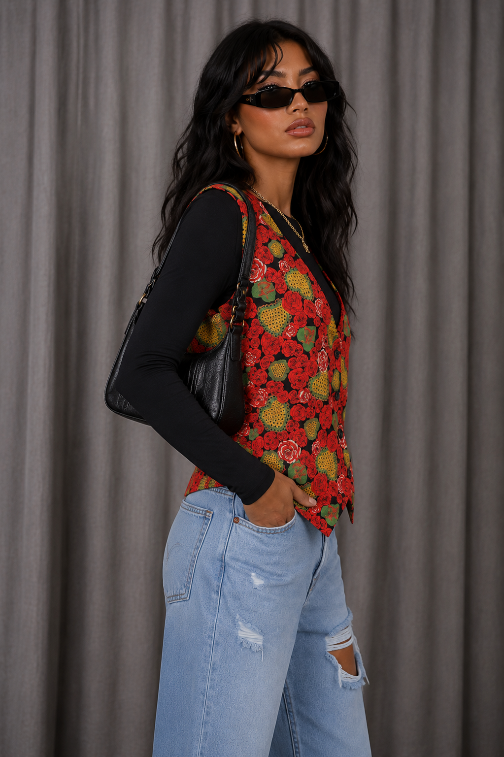 Vintage 90s Rose Print Vest - 2XL