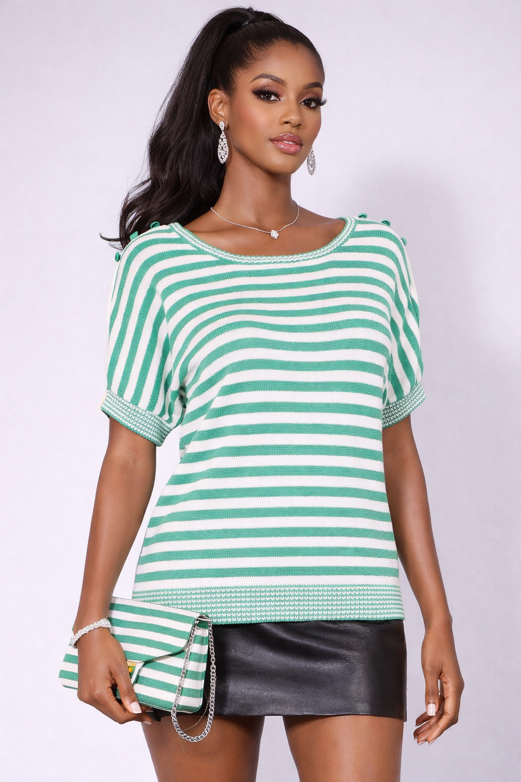 90s Mint Green Striped Sweater | LARGE