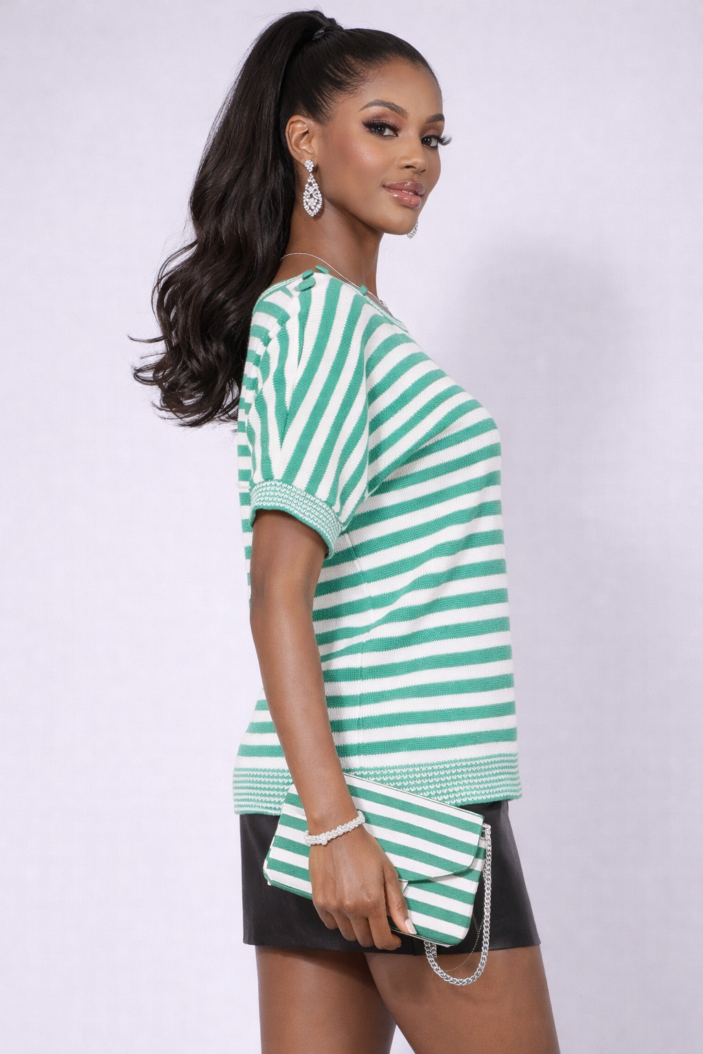 90s Mint Green Striped Sweater | LARGE