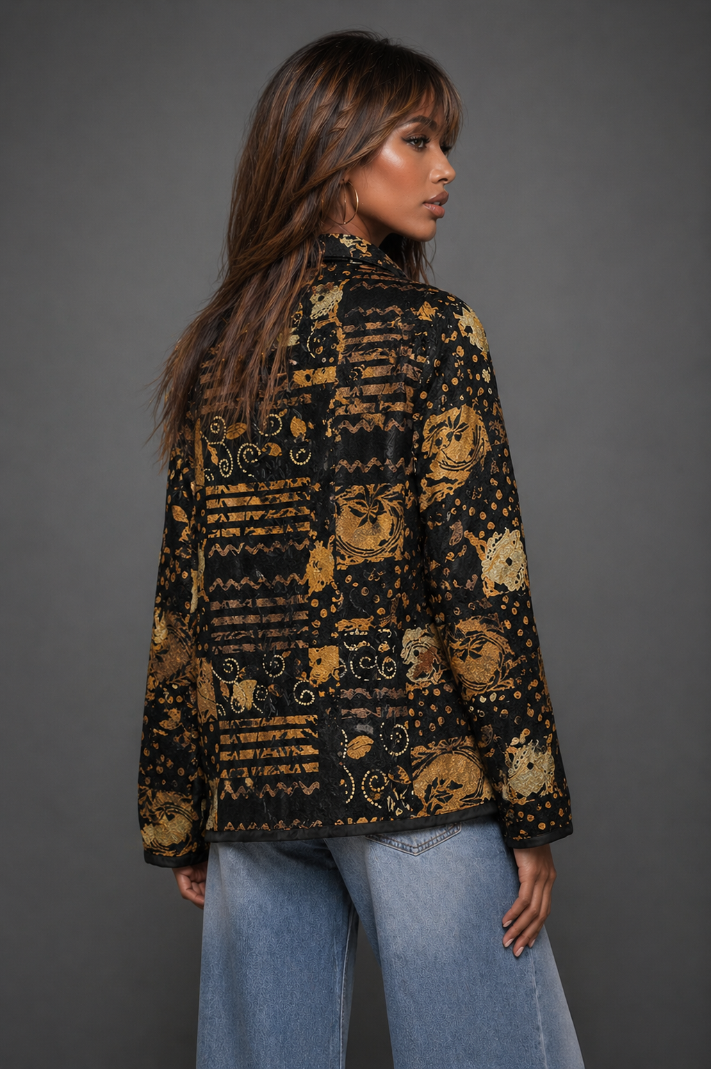 Vintage 90s Textured Jacket | Tan Black Floral Stripe Retro Outerwear | LARGE