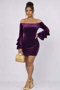 Vintage 90s Plum Velvet Off-Shoulder Dress | MEDIUM