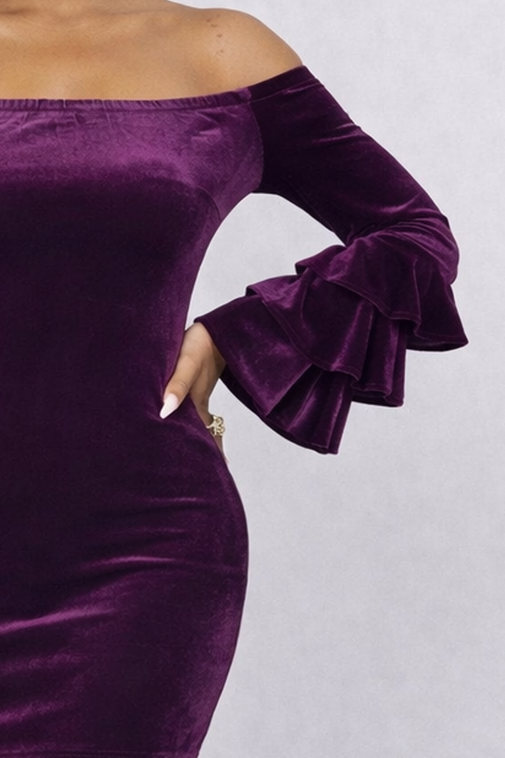 Vintage 90s Plum Velvet Off-Shoulder Dress | MEDIUM