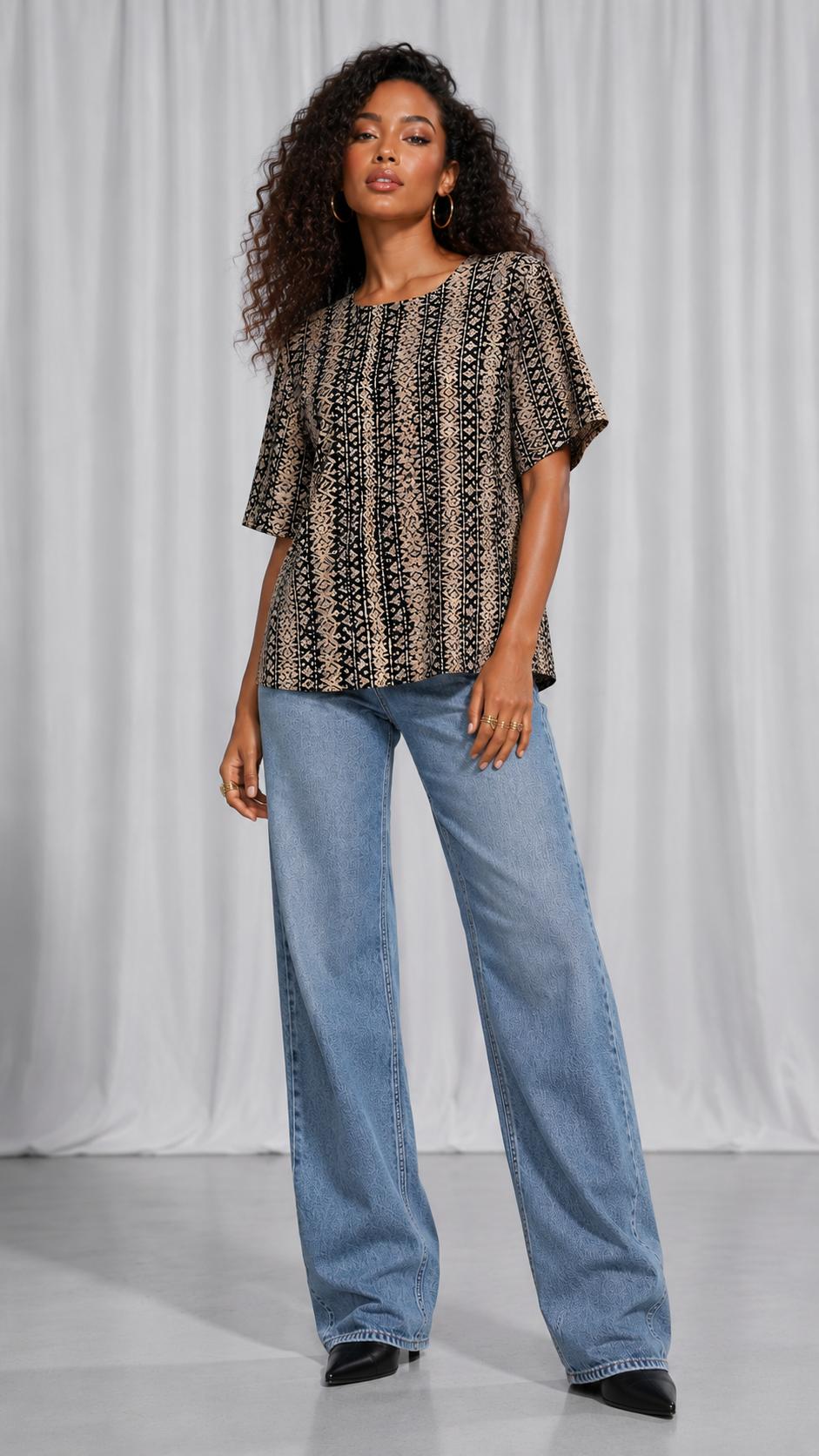 Vintage 90s Abstract Print Blouse | Black Beige Geometric Short Sleeve Retro Top | LARGE