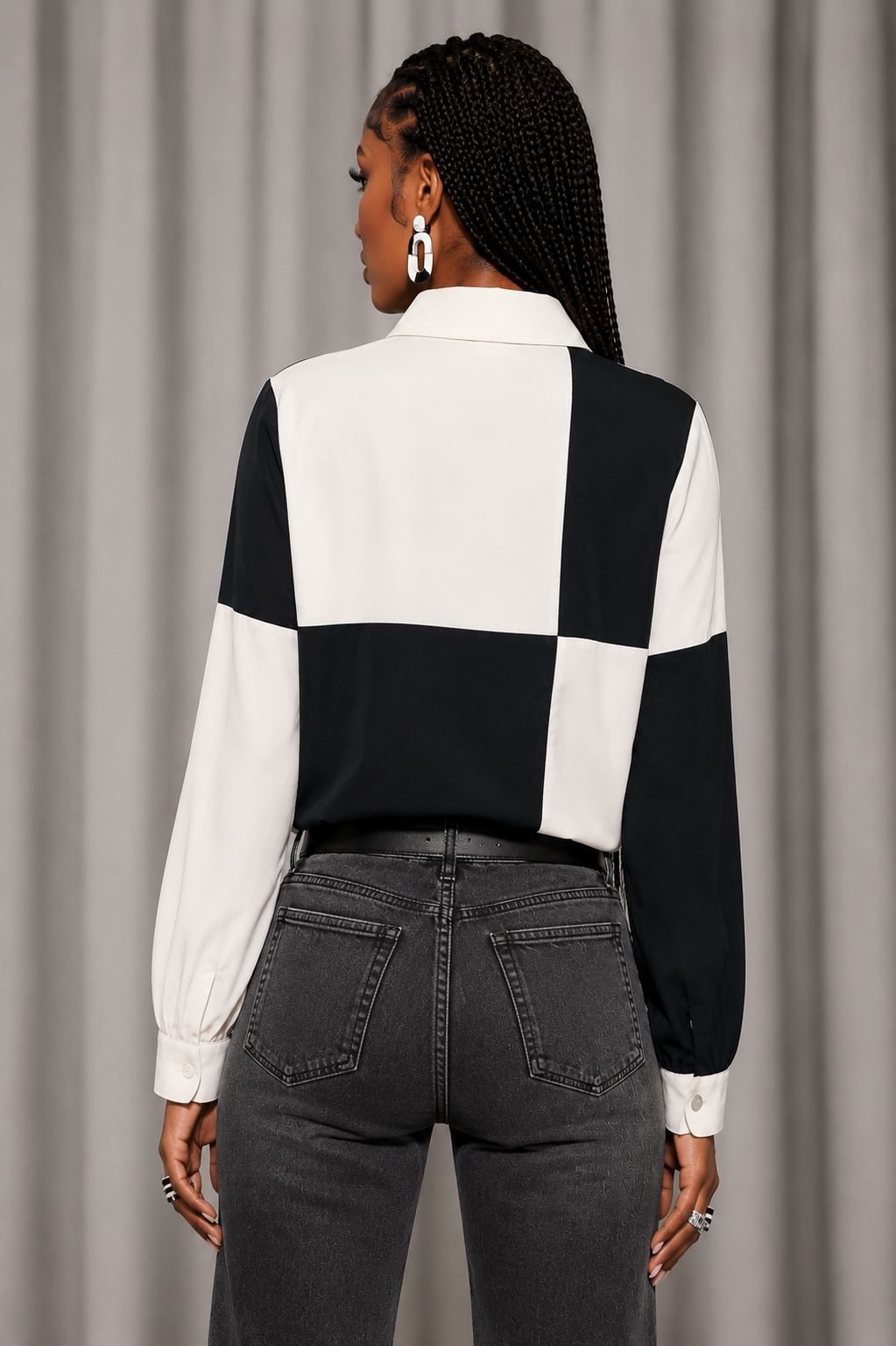 Vintage 90s Ivory & Black Colorblock Blouse | Large