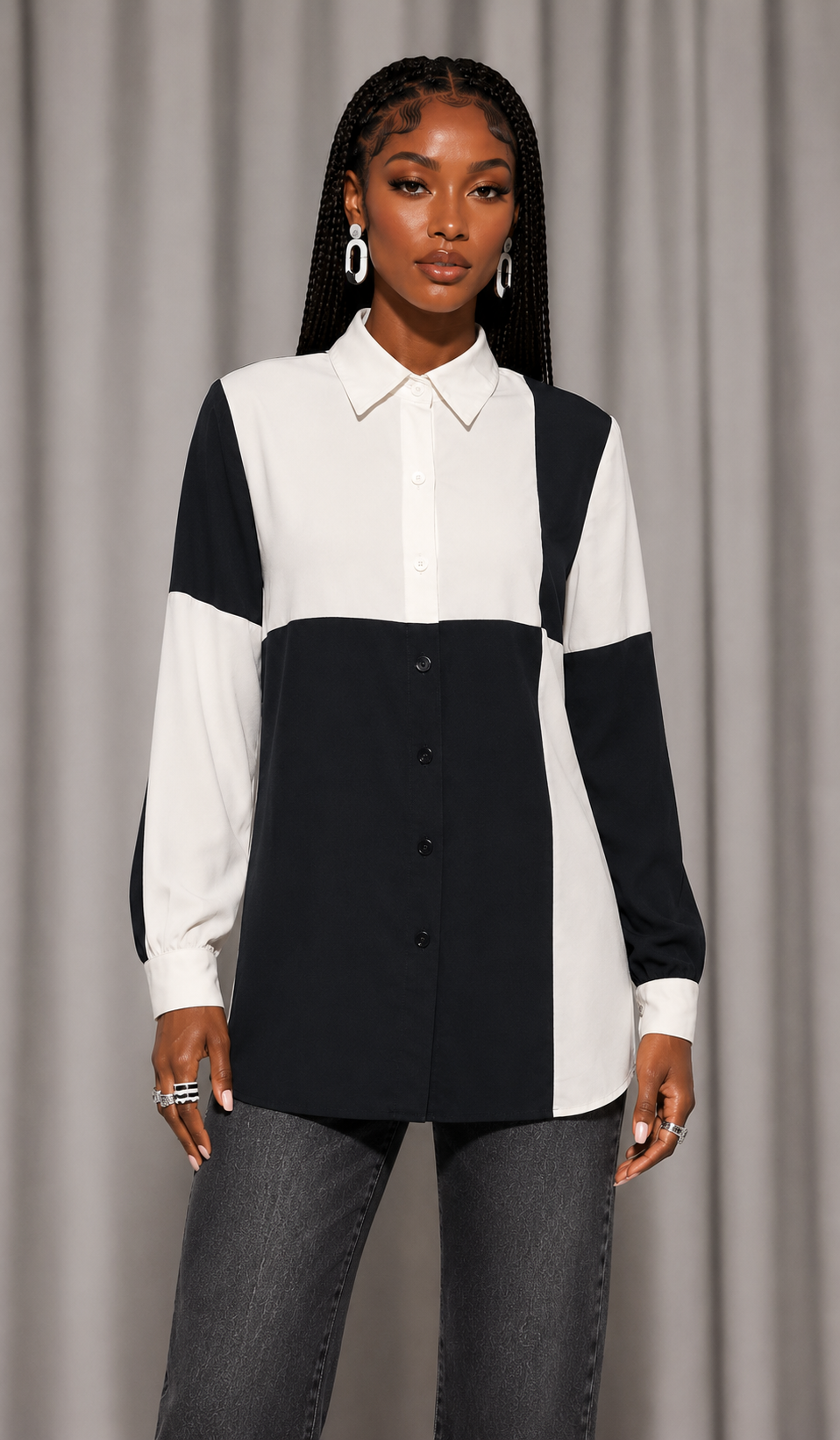Vintage 90s Ivory & Black Colorblock Blouse | Large