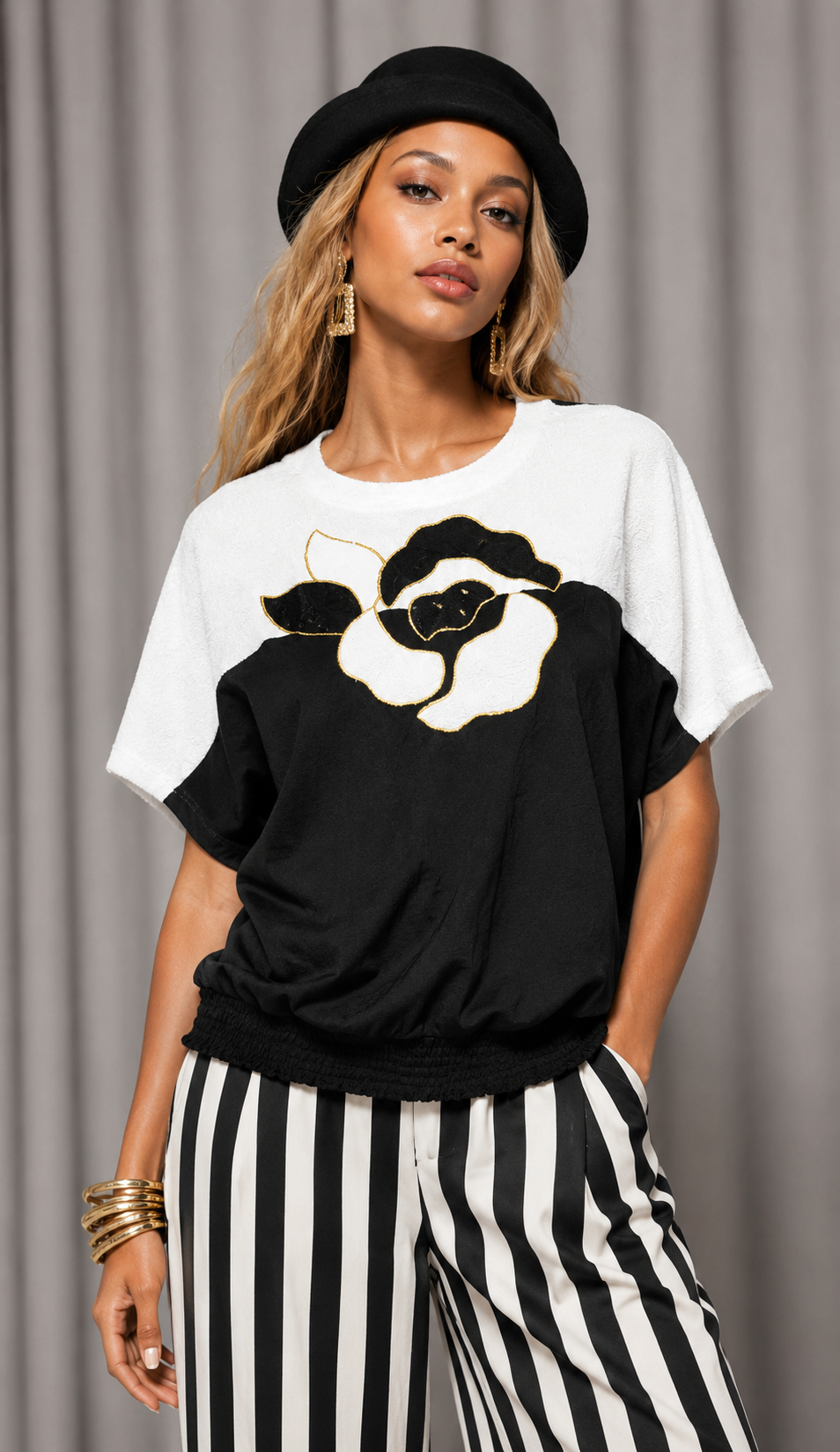 Vintage 90s Black & White Rose Top | LARGE