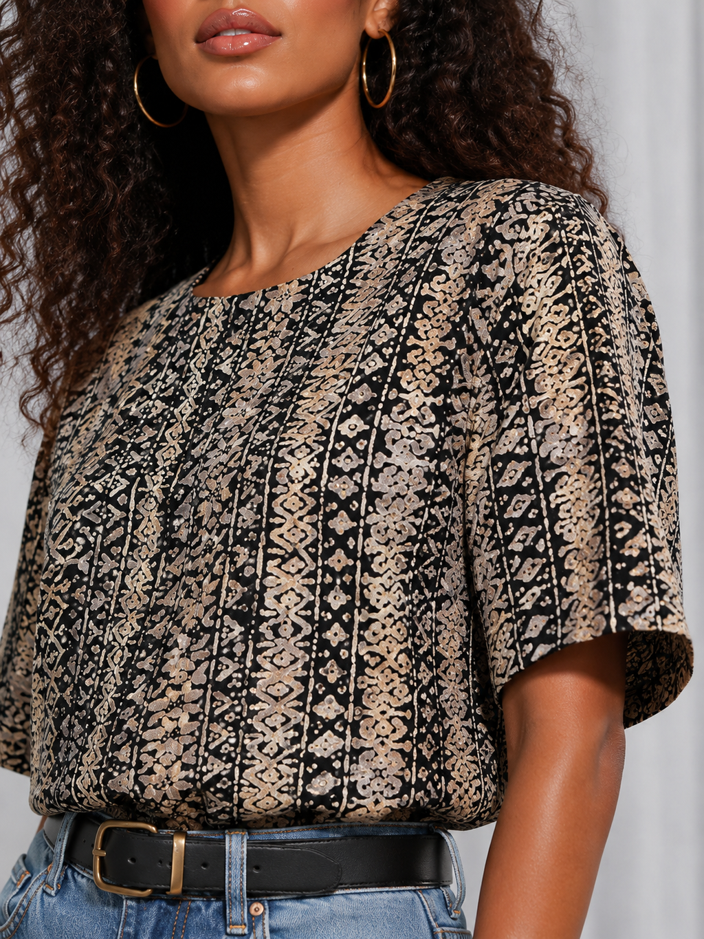 Vintage 90s Abstract Print Blouse | Black Beige Geometric Short Sleeve Retro Top | LARGE