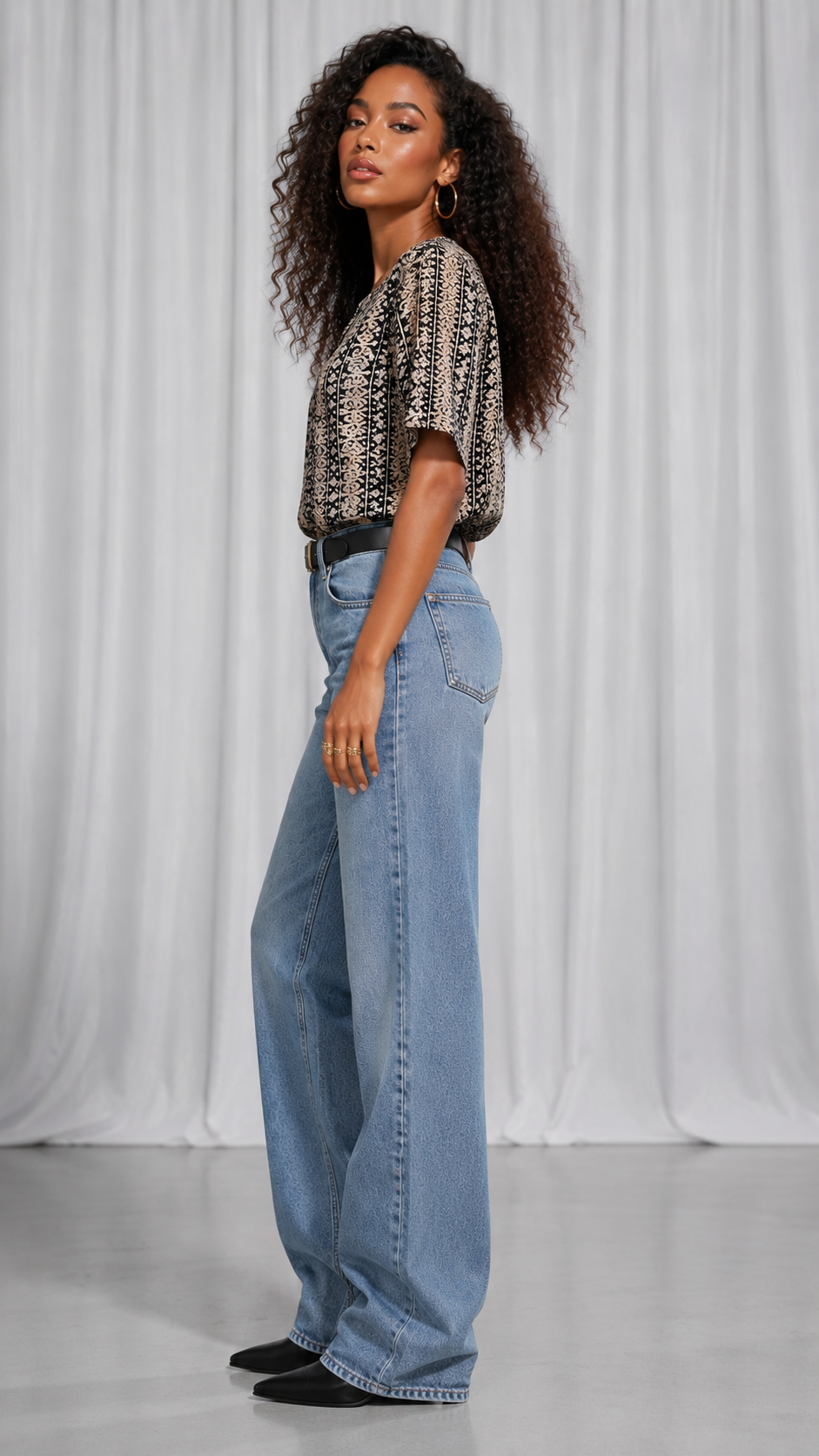 Vintage 90s Abstract Print Blouse | Black Beige Geometric Short Sleeve Retro Top | LARGE