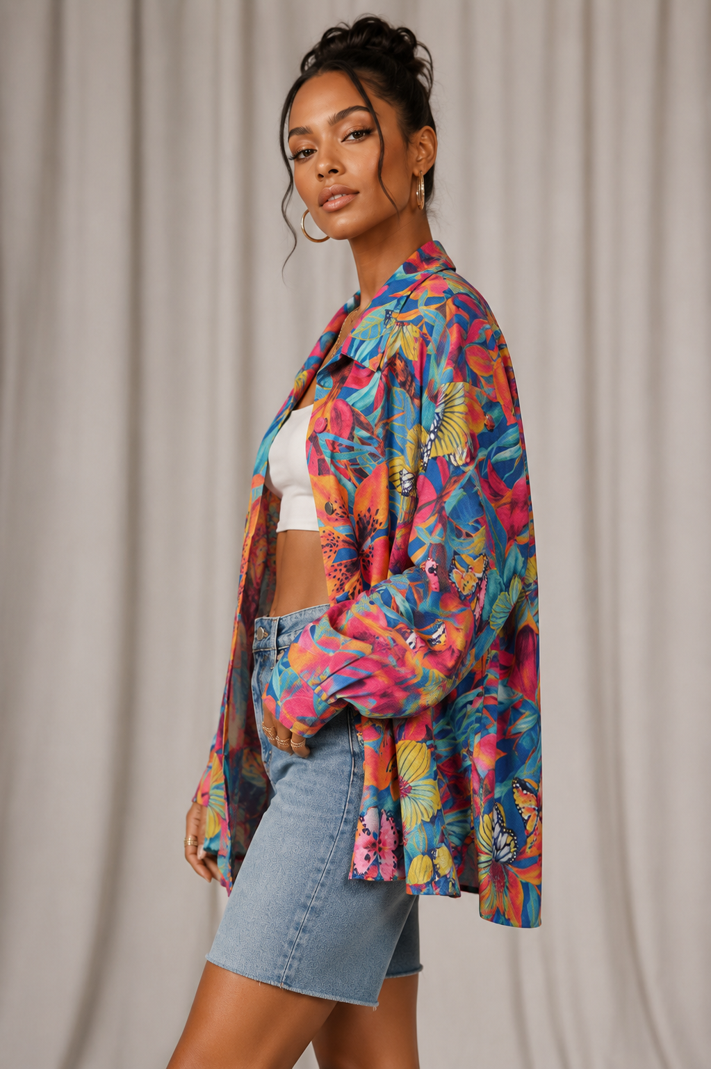 Vintage 90s Colorful Butterfly Print Blouse | 2XL